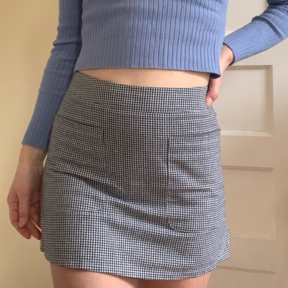 SEEK Black and White Gingham Checkered High Waist Mini Skirt with Front Pockets